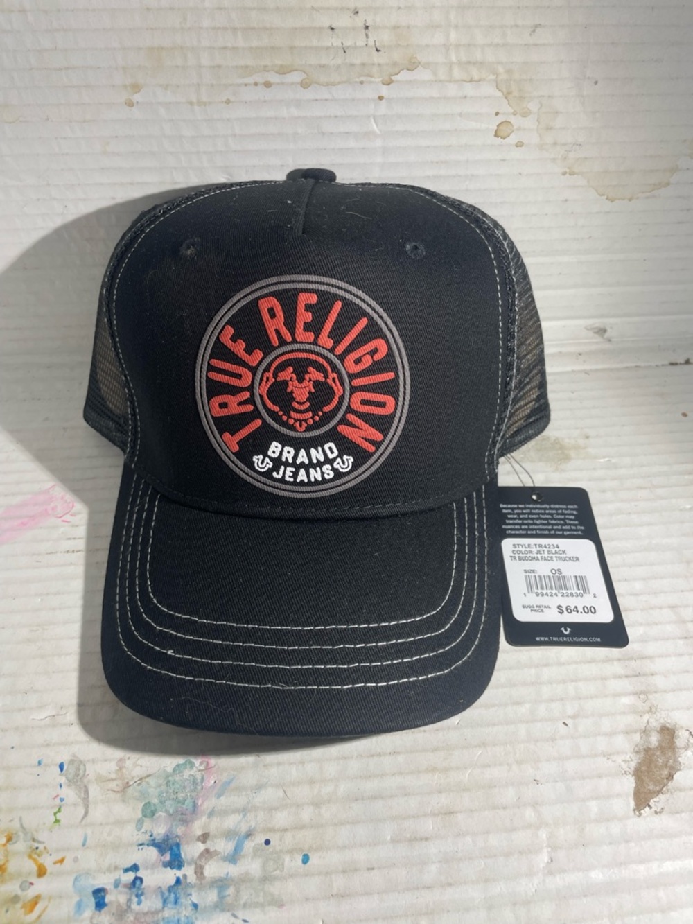 True Religion Black Buddha Face Trucker Hat